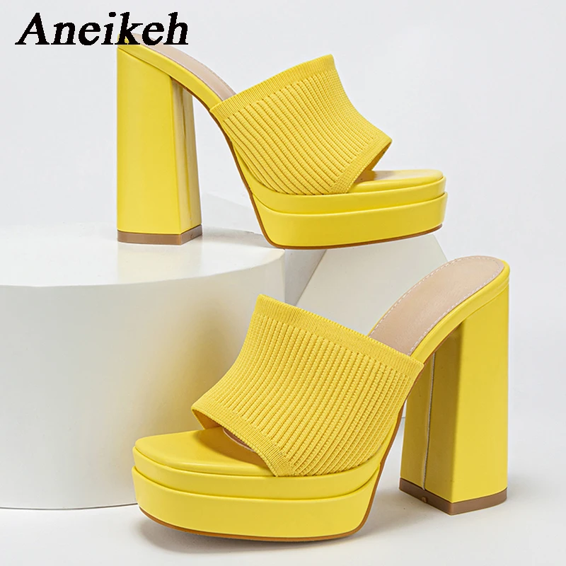 

Aneikeh 2024 Summer Fashion Simple Knitted Elastic Cloth Slippers New Waterproof Platform Open Toe High Heels Women Mule Shoes
