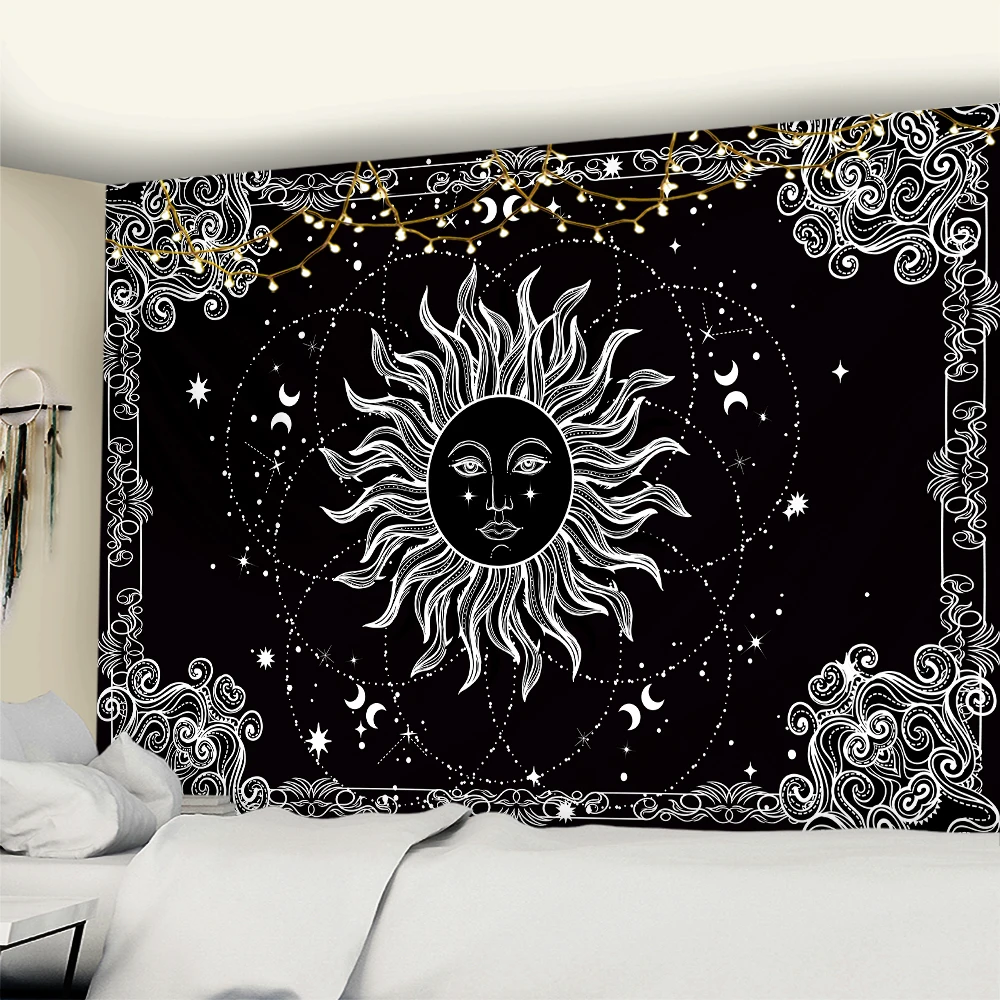 

White Black Sun Moon Wall Hanging Starry Sky Tapestry Hippie Bohemian Decoration Psychedelic Scene Background Cloth Yoga Mat
