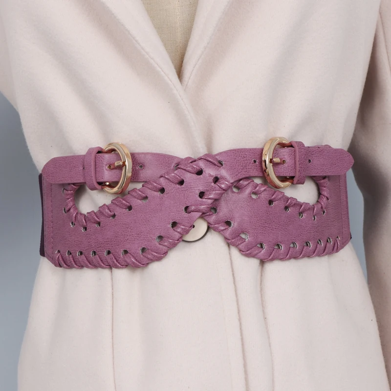 

European White Red Purple Knitted PU Hollow Out Elastic Waistbands Women Irregular Wide Faux Leather Slim Corset Coat Shirt Belt