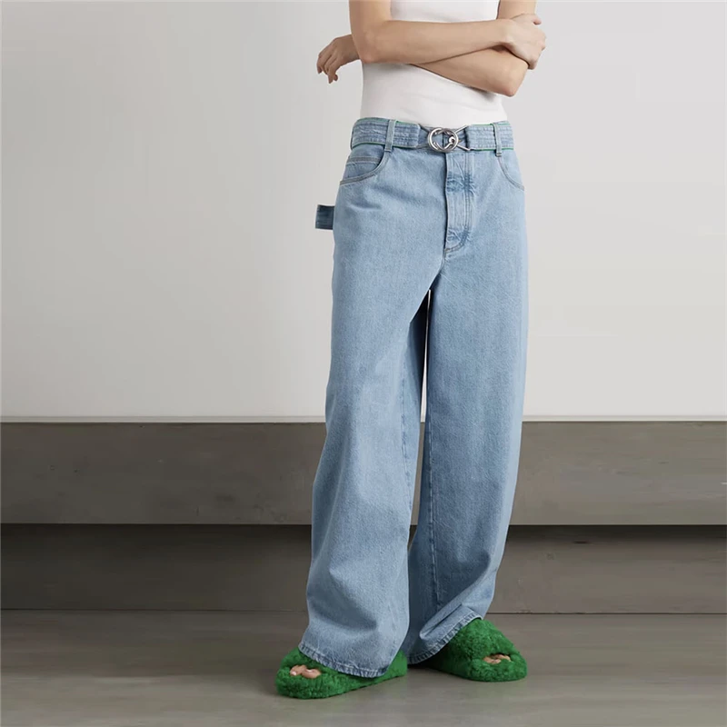 Autumn and winter new women's fashion high waist washed denim wide leg trousers high quality metal belt mopping all-match pants