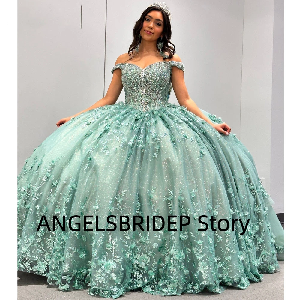 

ANGELSBRIDEP Mint Green Quinceanera Dress Ball Gown 3D Flowers Appliques Lace Corset Sweet 15 Vestidos De XV Años Formal Dress