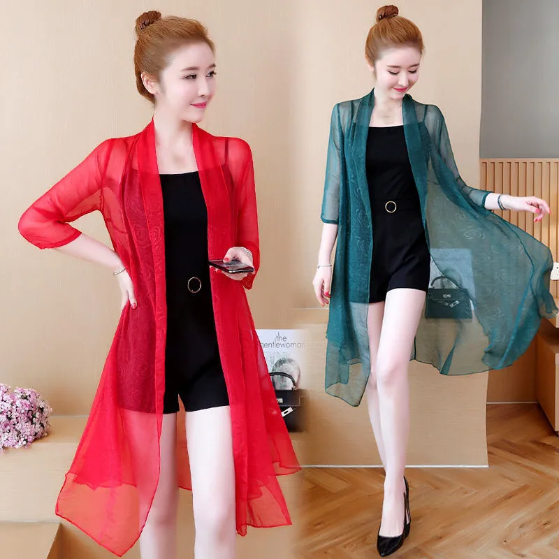 

Summer Chiffon Blouse Cardigan Women Loose Thin Coat Sunscreen Ladies Tops Solid Korean Fashion Black Cardigan Shawl 3XL Q5829