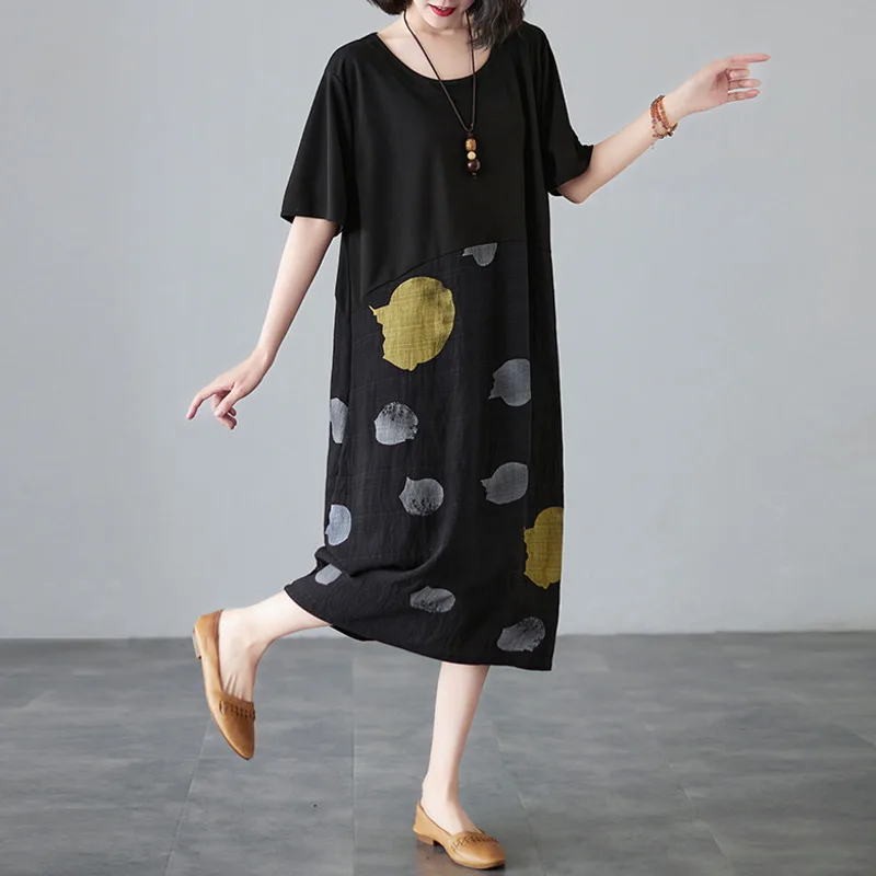 Летнее черное платье-миди #3266 женское в горошек из хлопка и льна женские