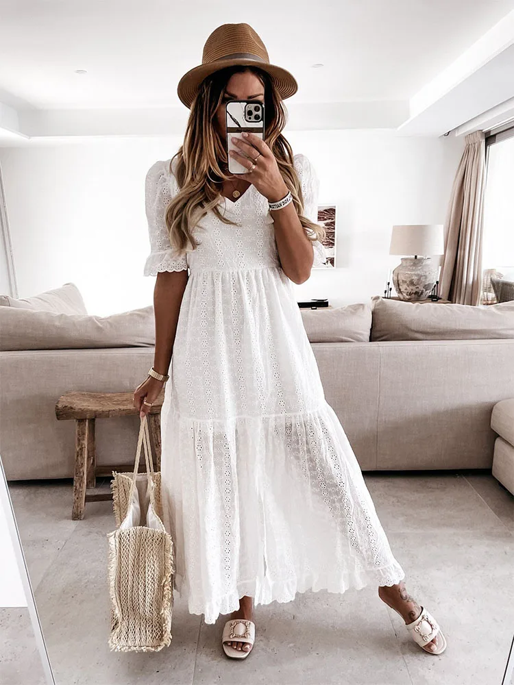 

2022 Elegant Women Ruffle Sleeve Casual Loose V Neck Maxi Dress Spring New A-Line Dress Fashion Summer Hollow Out White Dresses