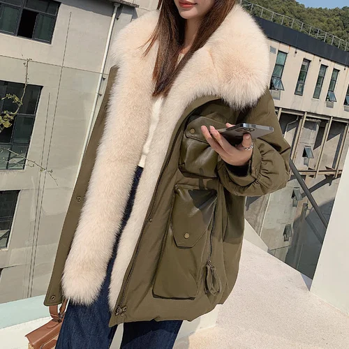 

brand genuine 2023 New Fashion Women Parkas Winter Jacket Down Caot Natural Real Fox Big Fur Loose Warm Thick Luxury Outerwear S