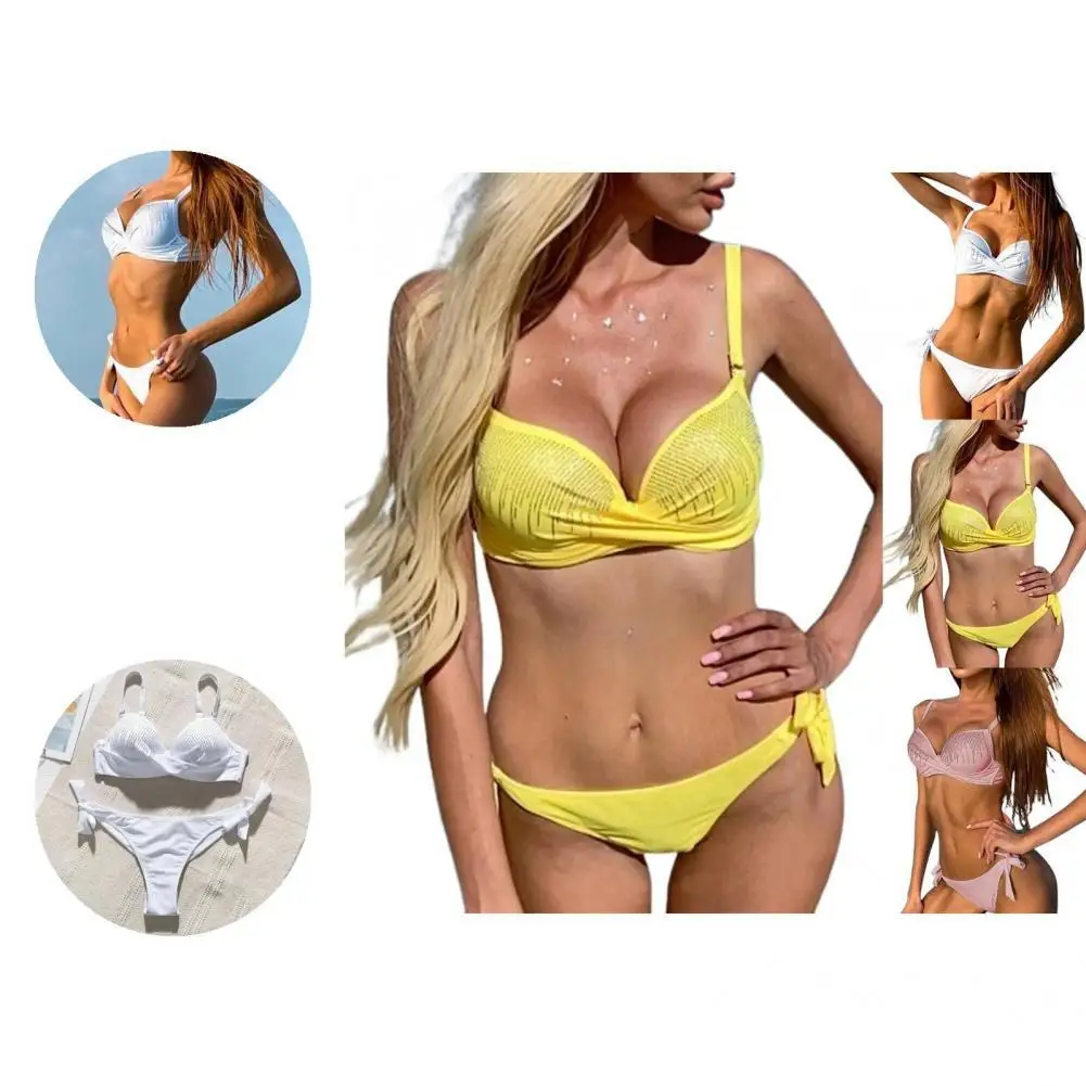 

Novelty Bra Briefs Set Beautiful Quick Drying Summer Swimsuit Rhinestones Decor Bra High Waist Briefs Swimsuit