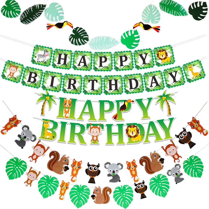 

Jungle Animal Party Pull Flag Birthday Party Background Decor Banner Cartoon Animal Lion Elephant Woodland Animals Pull Flower