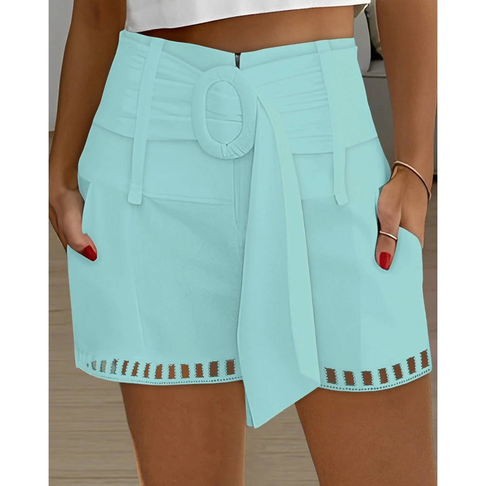 Korean Style Women High Waist Belted Pocket Design White Shorts Female Casual Elegant 2023 New Summer Hollow-out Hot Pants