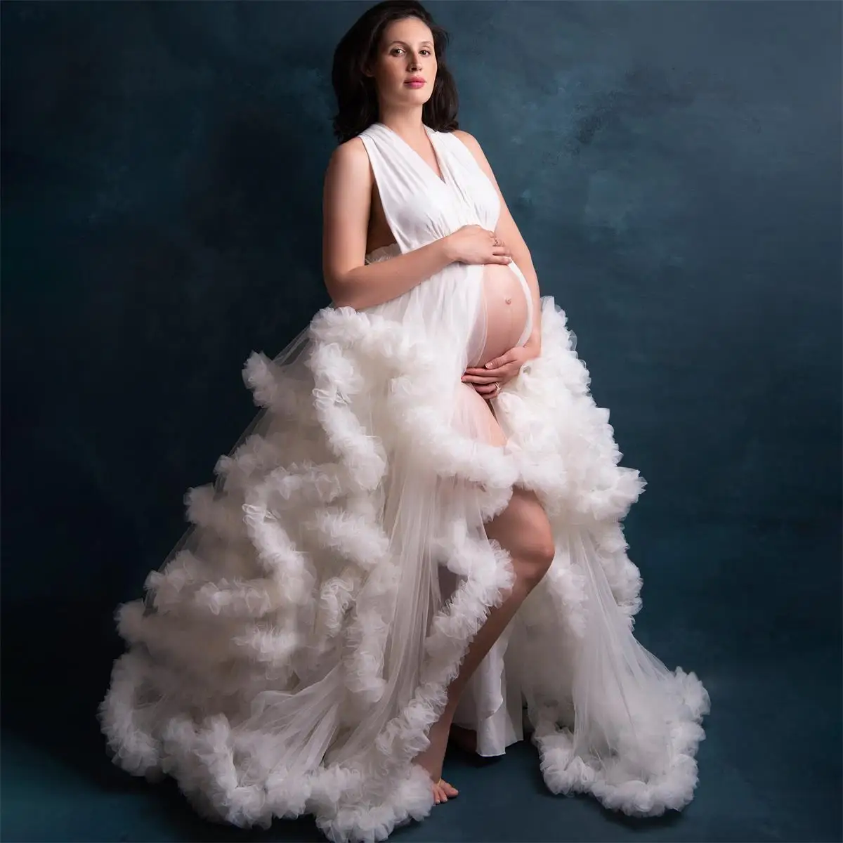 

V Neck Tulle Prom Dresses Tiered Ruffles Elastic Maternity Photoshoot Dress Sheer Front Split Robes Custom Made