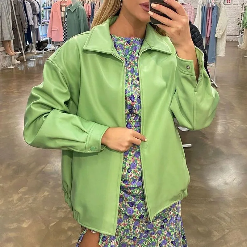 PU Leather Jacket Women 2022 Street Fashion Bright Color Lapel Zipper Jacket Loose Casual Jacket Motorcycle Punk Leather Coat