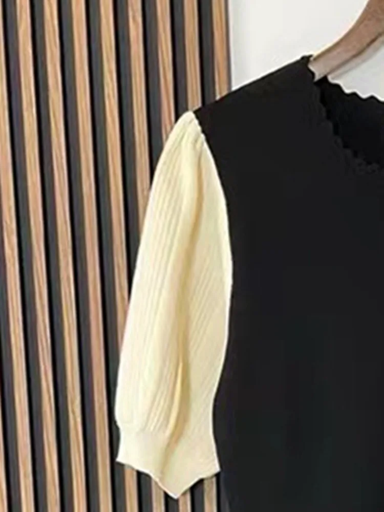 Women Mini Robe O-Neck Short Puff Sleeve Slim High Waist A-line Buttons Elegant Dress Knitted Vintage