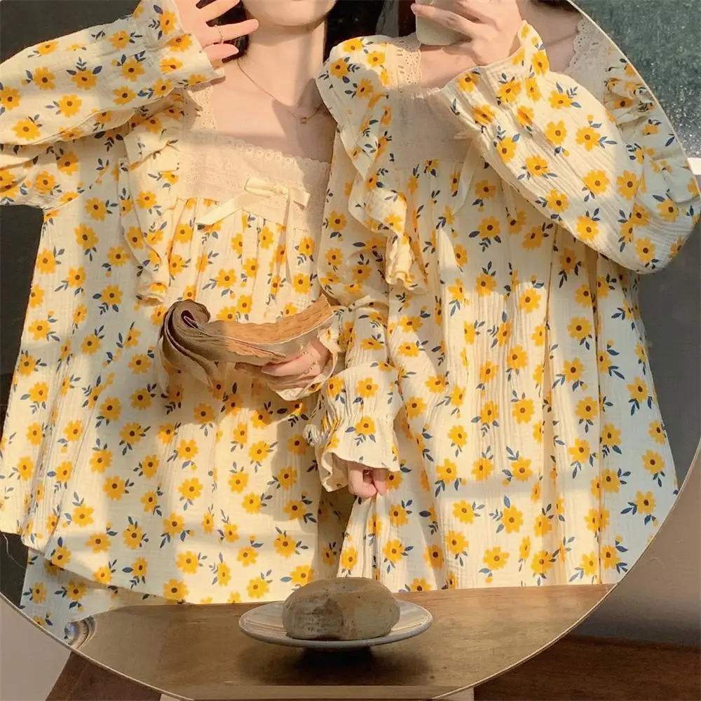 

Yellow Floral Print Autumn Pajamas Set Women Square Collar Shirts + Trousers Cotton Casual Sleepwear Two Piece Home Suit
