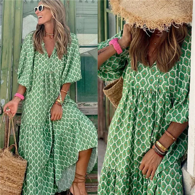 

Women Boho Maxi Dress Fashion Lantern Sleeve V Neck Printing Long Dress Summer Holiday Female Ankle-length Party Dress Vestidos