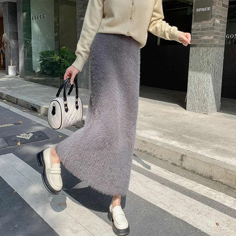 2024 New Autumn Winter Women Warm High Waist Slim Long Skirt Quality Korean Fashion Soft Imitation Mink Fur Knitted
