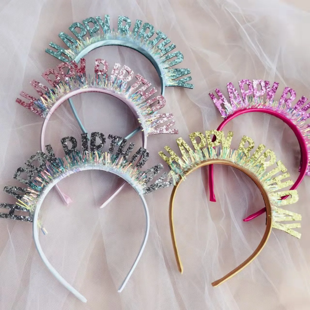 

Birthday Party Colorful Decoration Room Laser Letters Happy Event Headdress Sequin Headband Decor Ornaments Supplies