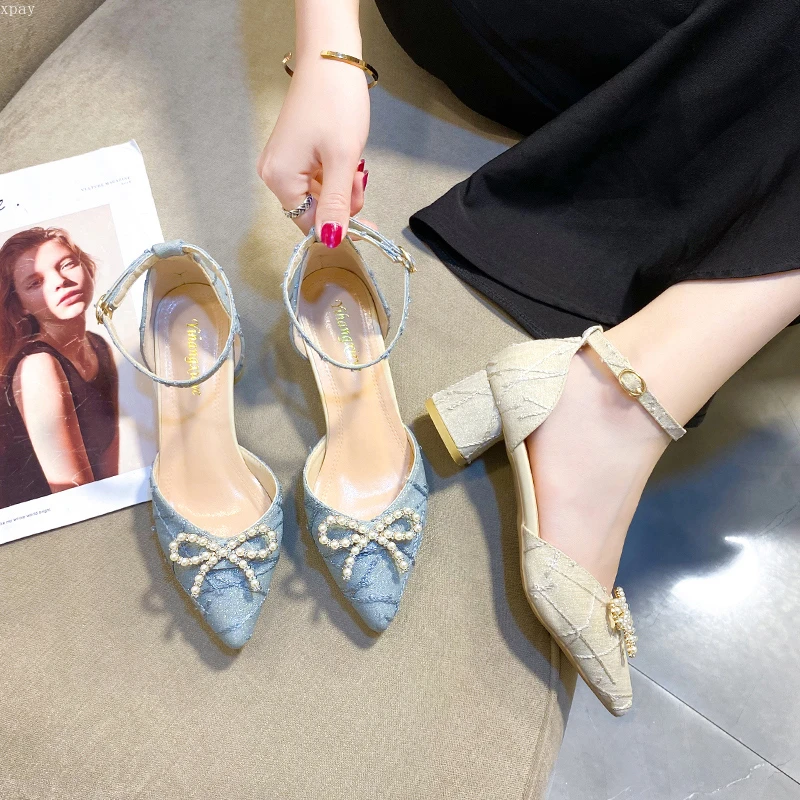 

2022 Summer New Mid-heel Shoes Women Round Toe Thick Heel Bow Comfortable Simple Shoes Women