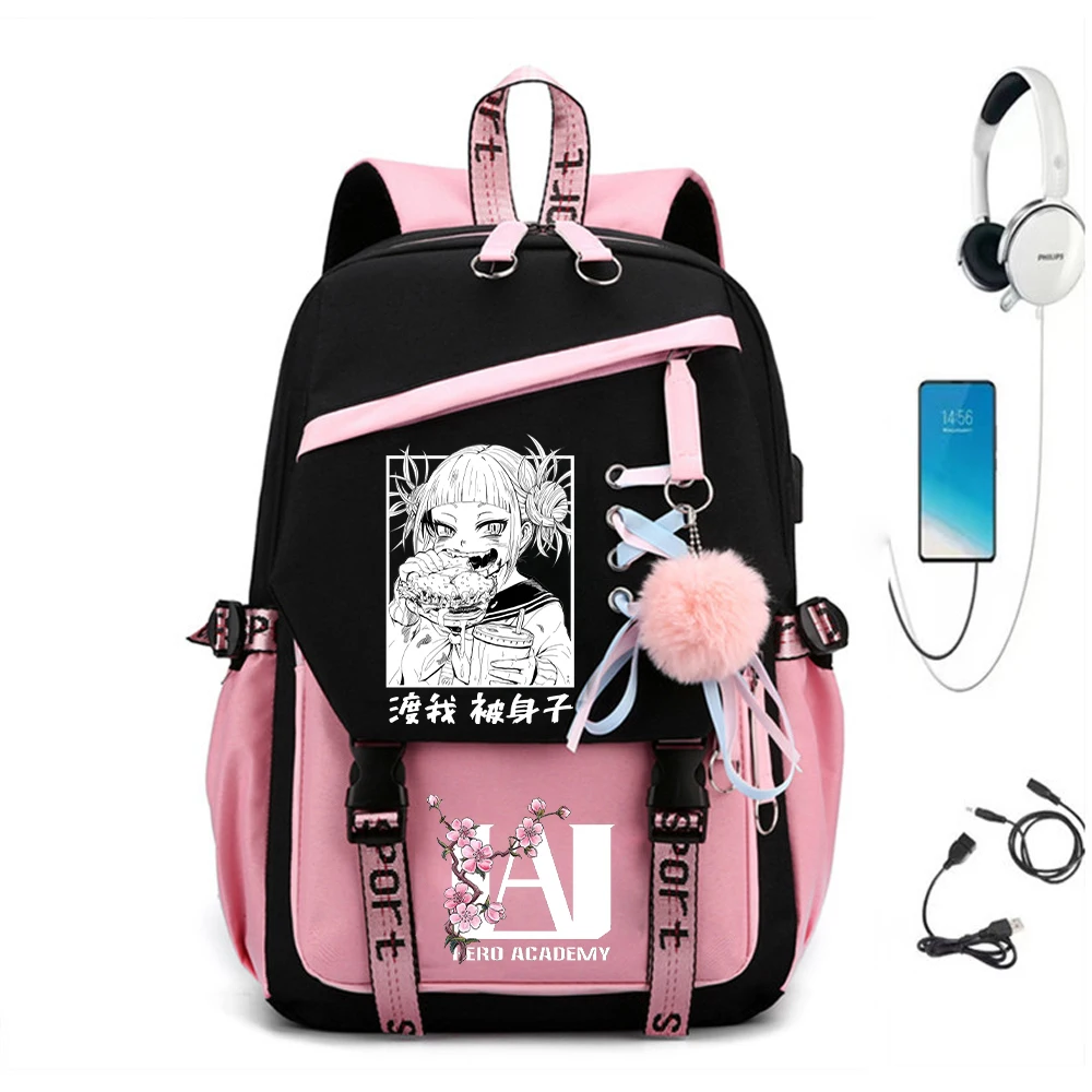 

My Hero Academia Anime Girls School Bags Backpack Girl School Bag USB Port Schoolbag Himiko Toga Black Pink Teen School Backpack