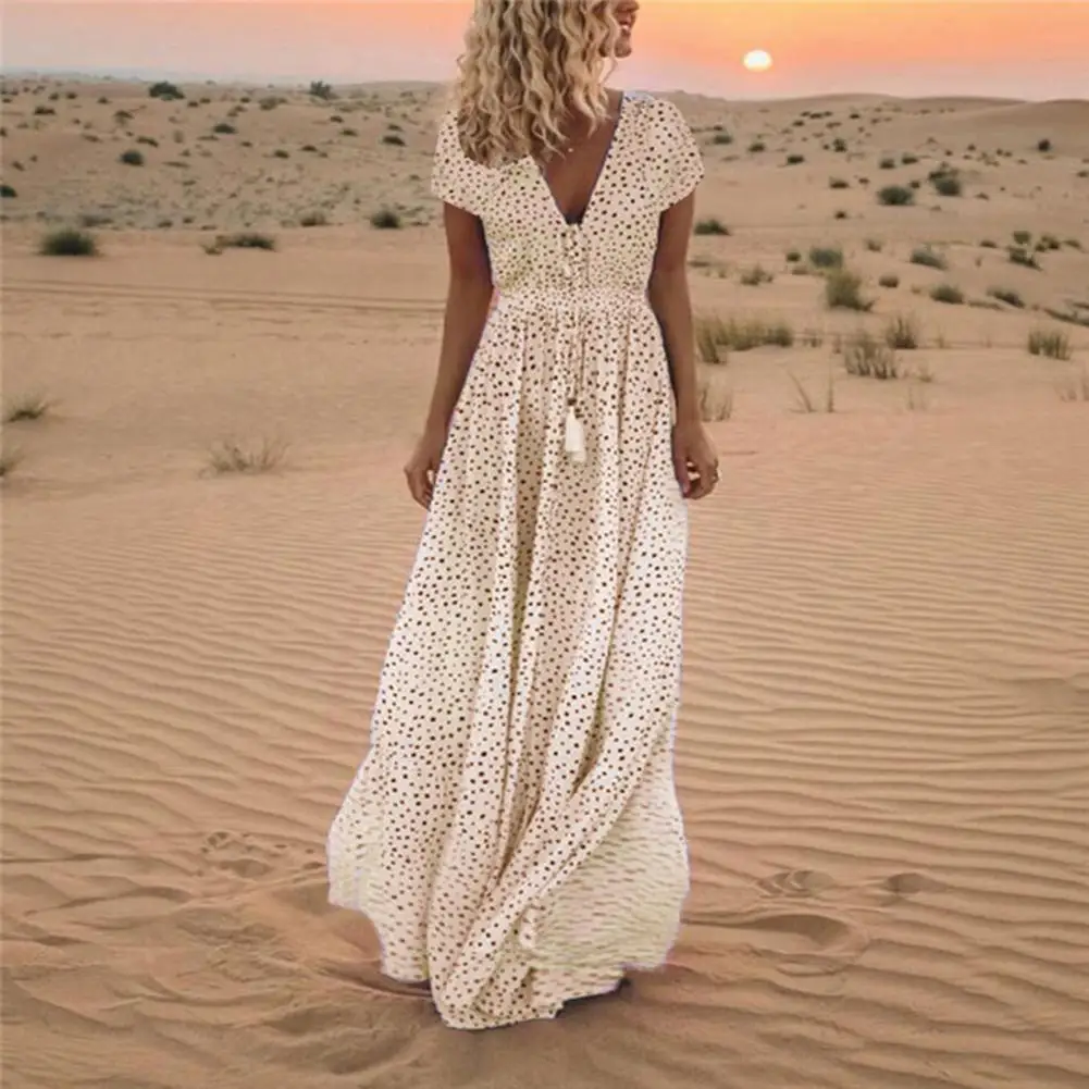 

Stylish Lady Summer Short Sleeve Tassel Maxi Dress Trendy Party Dress Polka Dot Print Beach Long Dresses for Outdoor