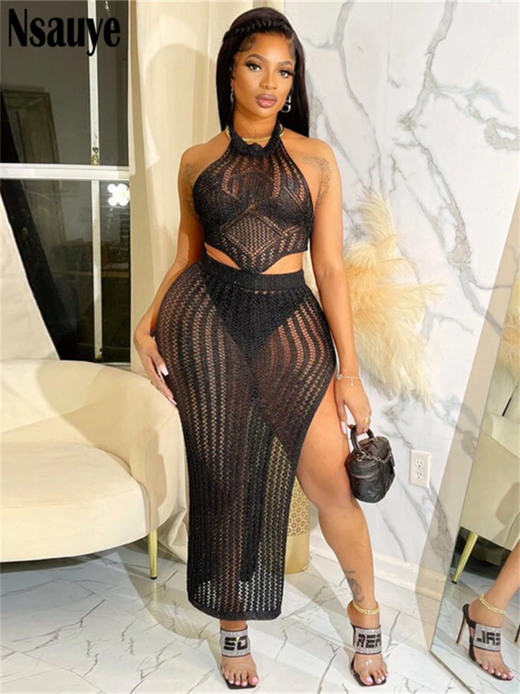 

Nsauye Knitted Sexy Dress Set Women Halter Crop Top And Long Skirt Matching Sets Club Party Two Piece Set Outfits Summer 2023