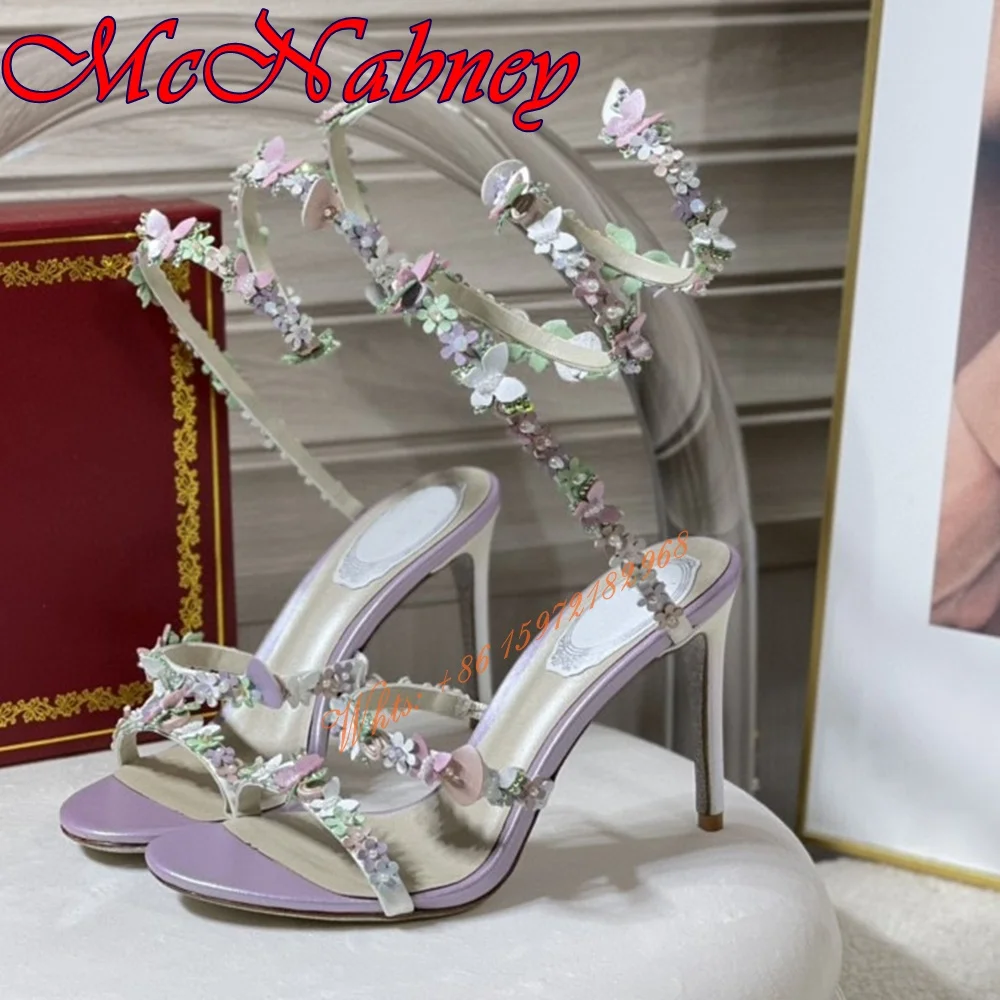 Купи 2022 New Style Flower Wrap Straps Sandals Hollow Slip On Women Shoe Open Toe Purple Butterfly Decor Design Sandals Summer Party за 7,520 рублей в магазине AliExpress