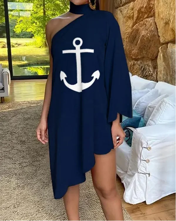

Anchor Print Sexy Off Shoulder Asymmetrical Short Dress Women 2022 Summer Fashion New Casual Loose Mini Dresses