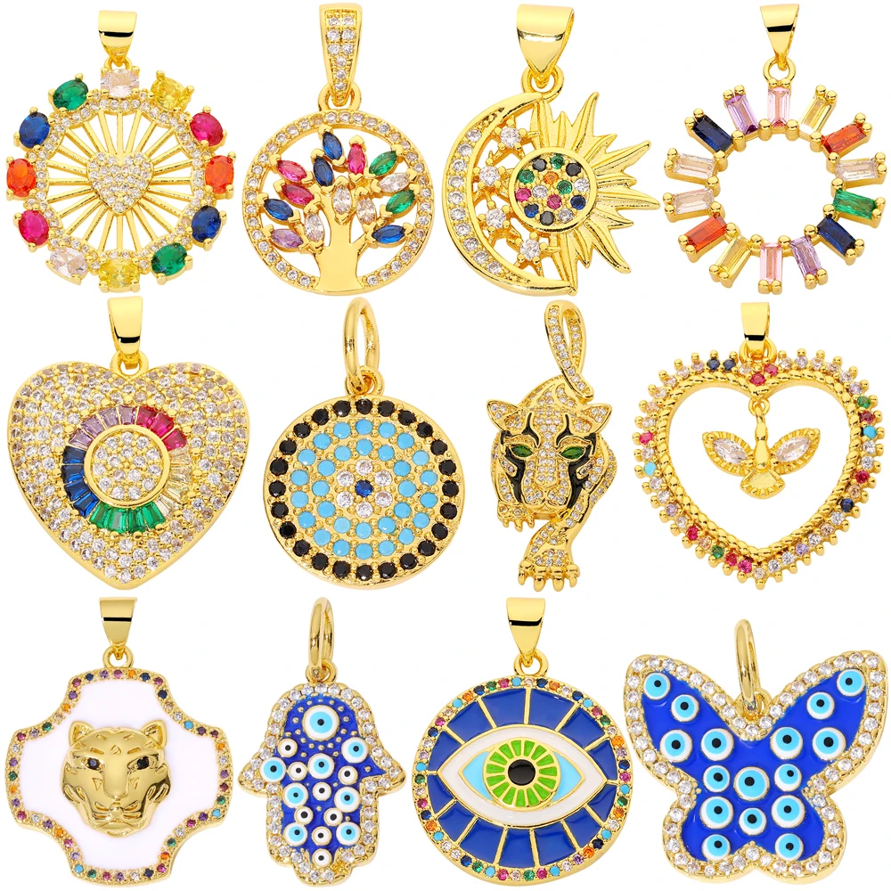 

Juya New Design DIY 18K Gold Plated Love Heart Tree Of Life Sun Moon Tiger Leopard Eagle Butterfly Greek Evil Eye Charm Pendants