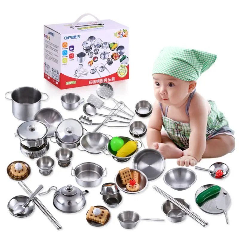 

Stainless Steel Kids House Kitchen Toys Cooking Cookware Pots Pans Pretend Play Playset Utensils