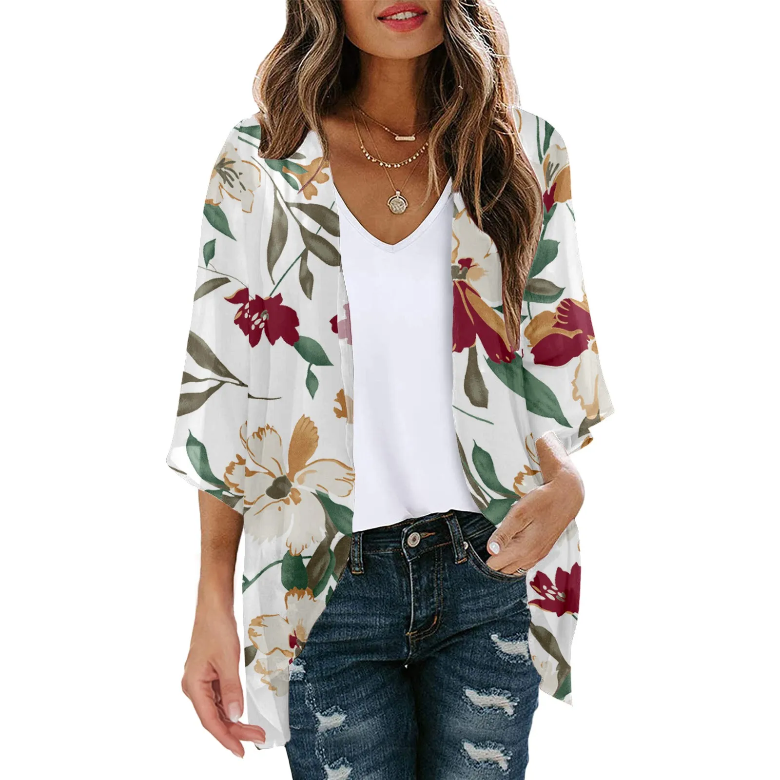 

Women Cardigan Lightweight Womens Floral Print Puff Sleeve Chiffon Cardigan Loose Cover Up Casual Blouse Tops Cardigan Pocket