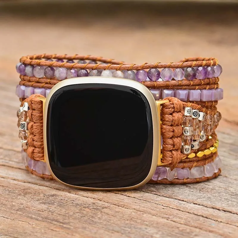 Natural Amethyst Gemstone Strap For Fitbit Versa 4 3 2 1 Band Bohemian Beads Rope Wristband For Fitbit Versa Lite/Fitbit Sense 2