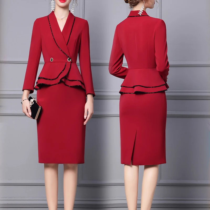 5XL  Korean Autumn Formal Ladies Red  Blazer Women Business Suits with Sets Work Wear Office Uniform Large Size Pants Jacket