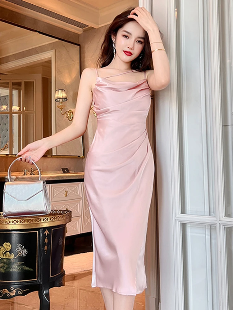 

Korean Elegant Women Evening Dress Sexy Backless Folds Slim Slit Midi Party Beach Prom Birthday Robe Femme Mujer Vestidos Fiesta