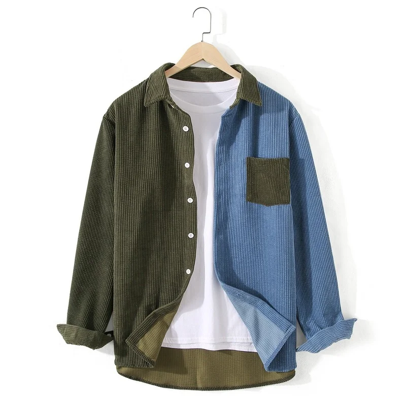 

Men Clothing 2022 New Korean Corduroy Color Matching Men's Loose Casual Trend All-match Long-sleeved Shirt Jacket