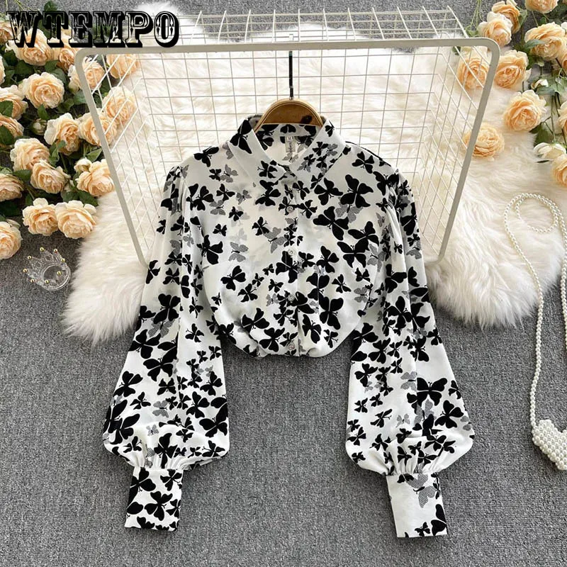 

Vintage Floral Chiffon Shirt Women Long Sleeve Blouses Puff Sleeves Top Polo-Neck Buttoned Shirt Boho Clothing for Women