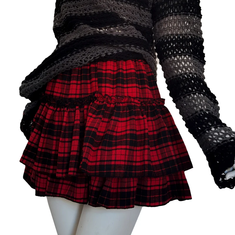 

Y2k Girl Gothic Ruffles Mini Skirts Women Elastic Waist Black Red Striped Plaid Skirt Harajuku Goth Punk Skater Korean Clothes