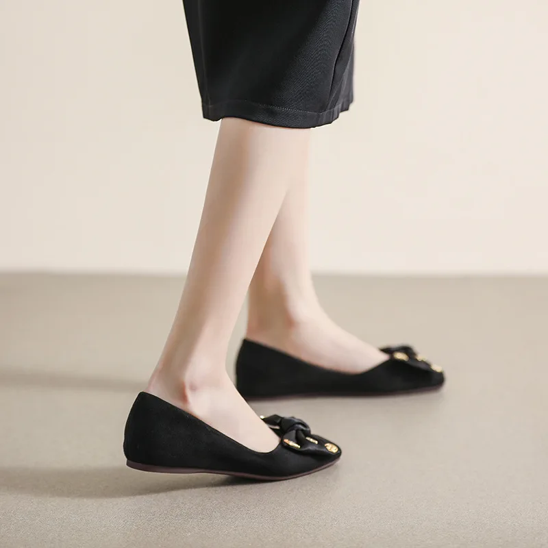 Square Toe Retro Houndstooth Single Shoes Women's Korean Version Bow Flat Beanie Shoes Soft Bottom Shallow Mouth Women Shoes