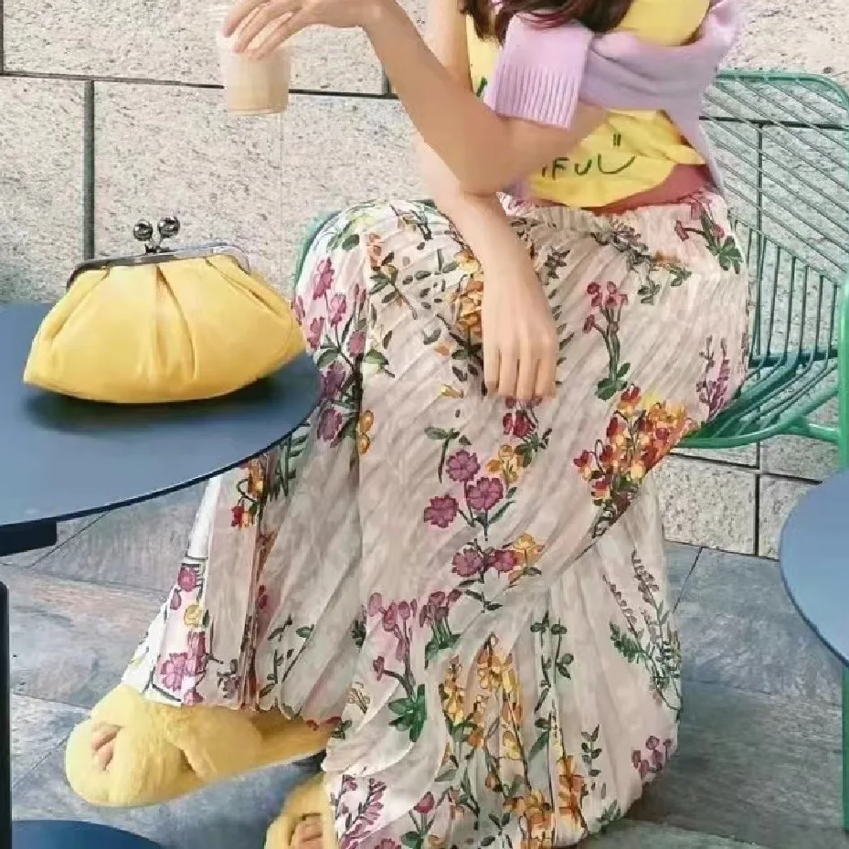 

Women Retro Printed Pleated Long Skirt 2022 Spring and Summer New Ladies Elastic Waist Loose Jupe