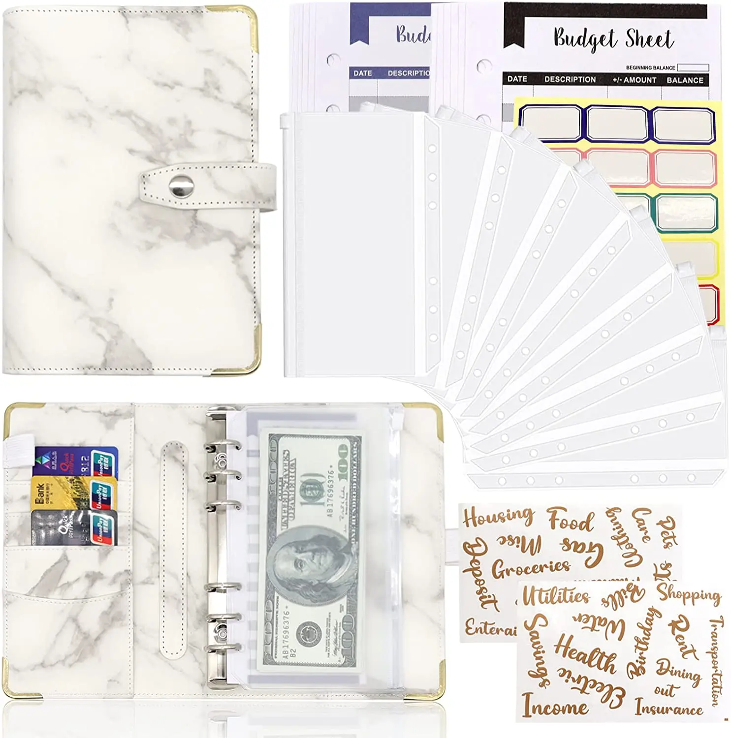 

Marble A6 Budget Binder, PU Leather Loose Leaf Notebook with Cash Envelopes System,Cash Budgeting Saving Money