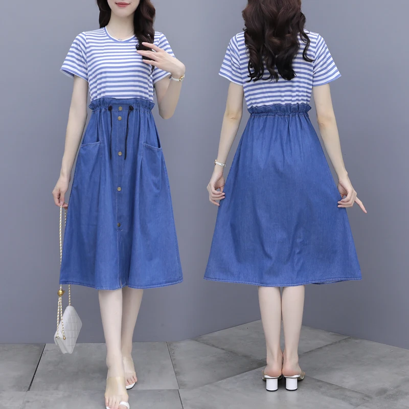 

2022 Summer New High Waist Fake Two-Piece Denim Dress Women Elegant Fashion Streetwear Striped Stitching Short Sleeved Dresses