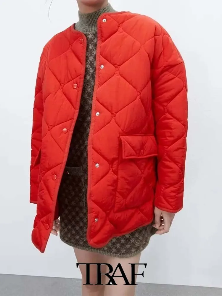 

TRAF 2023 Winter Jacket Women New Tricolor Loose Cotton Jacket With Pockets Fashion Thick Casual Jacket Parkas