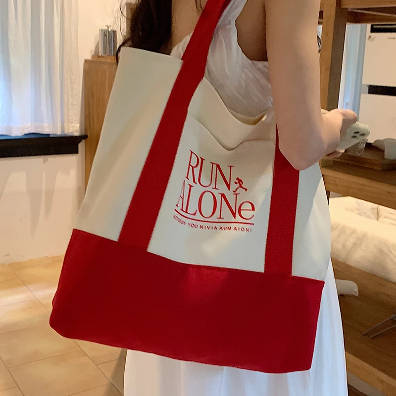 

Red Women Canvas Shopper Bag Original Letter Print Casual Elegant Chic Ladies Branded Tote Bags Eco-friendly Female Shoulder Bag