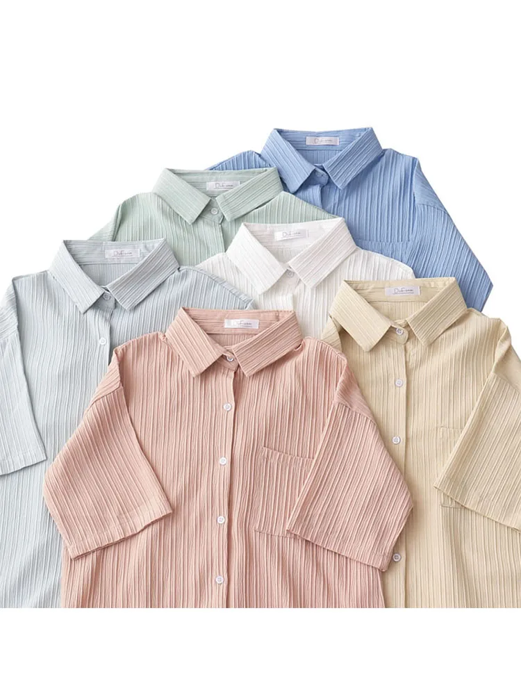 

Women Shirt 2022 Summer Top Short Sleeve Casual Vintage Fashion Turn-down Collar Preppy Style Loose Female Solid Color Blouses