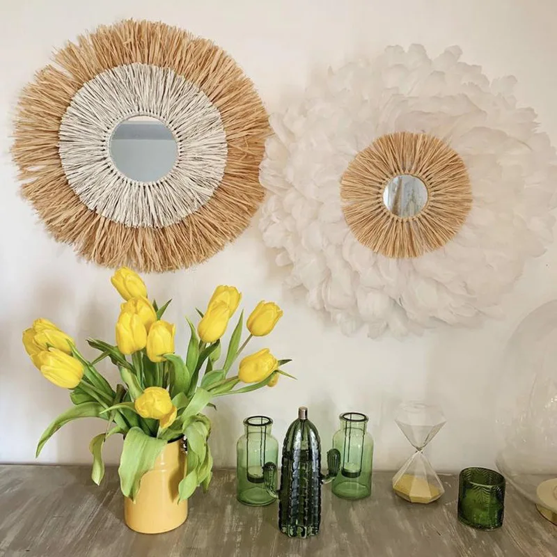 

New Ins Nordic Style Raffia Woven Feather Mirror Wall Decoration Tapestry Bedroom Living Room Wall Decoration Pendant