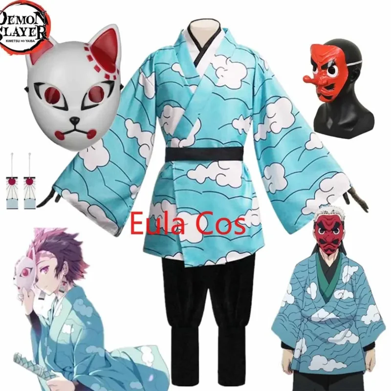 Kimetsu no Yaiba Kamado Tanjirou Sakonji Аниме Косплей Костюм Кимоно Небесно-Голубой Униформа