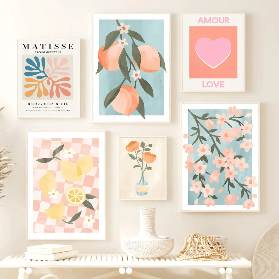 

Картина на холсте в стиле ретро Matisse, постеры с изображением коктейля, лимона, персика, скандинавских цветов, декор для гостиной