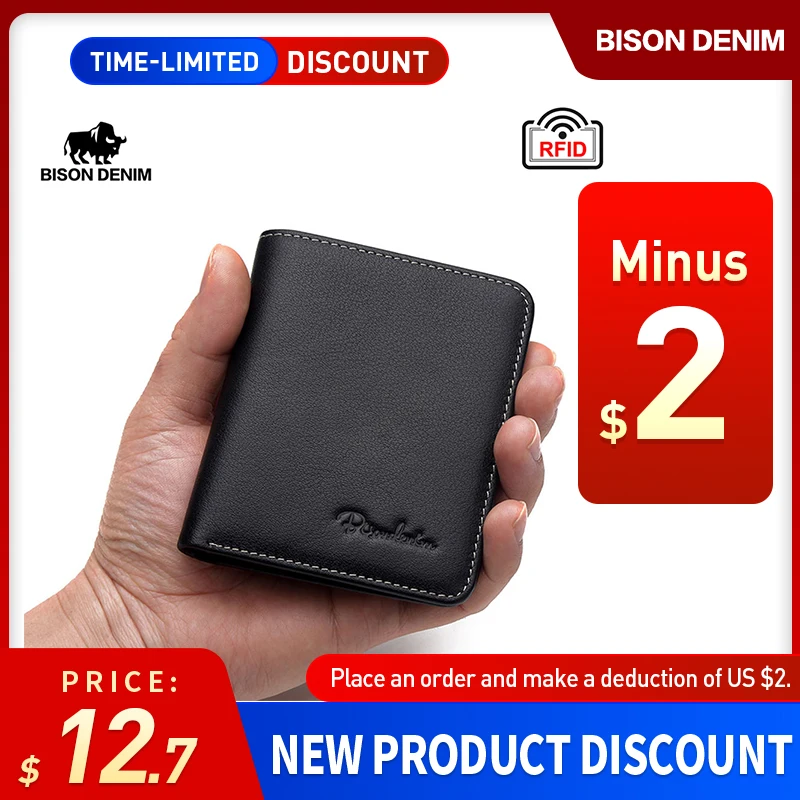 

BISON DENIM Black Purse For Men Genuine Leather Men's Wallets Thin Male Wallet Card Holder Cowskin Soft Mini Purses N4429