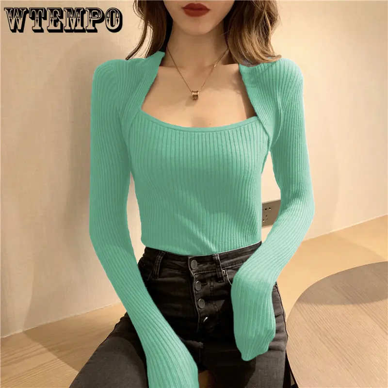 

WTEMPO Square Neck Knitted Long Sleeved Shirt Slim Fitting T-shirt Women's Fake Two-piece U-shaped Top Bottoming Knitwear Winter
