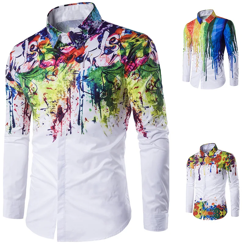 Men Long Sleeve Print Shirts for Mens Sprinkling Wind Social Luxury Man Designer Clothes Elegant Classic