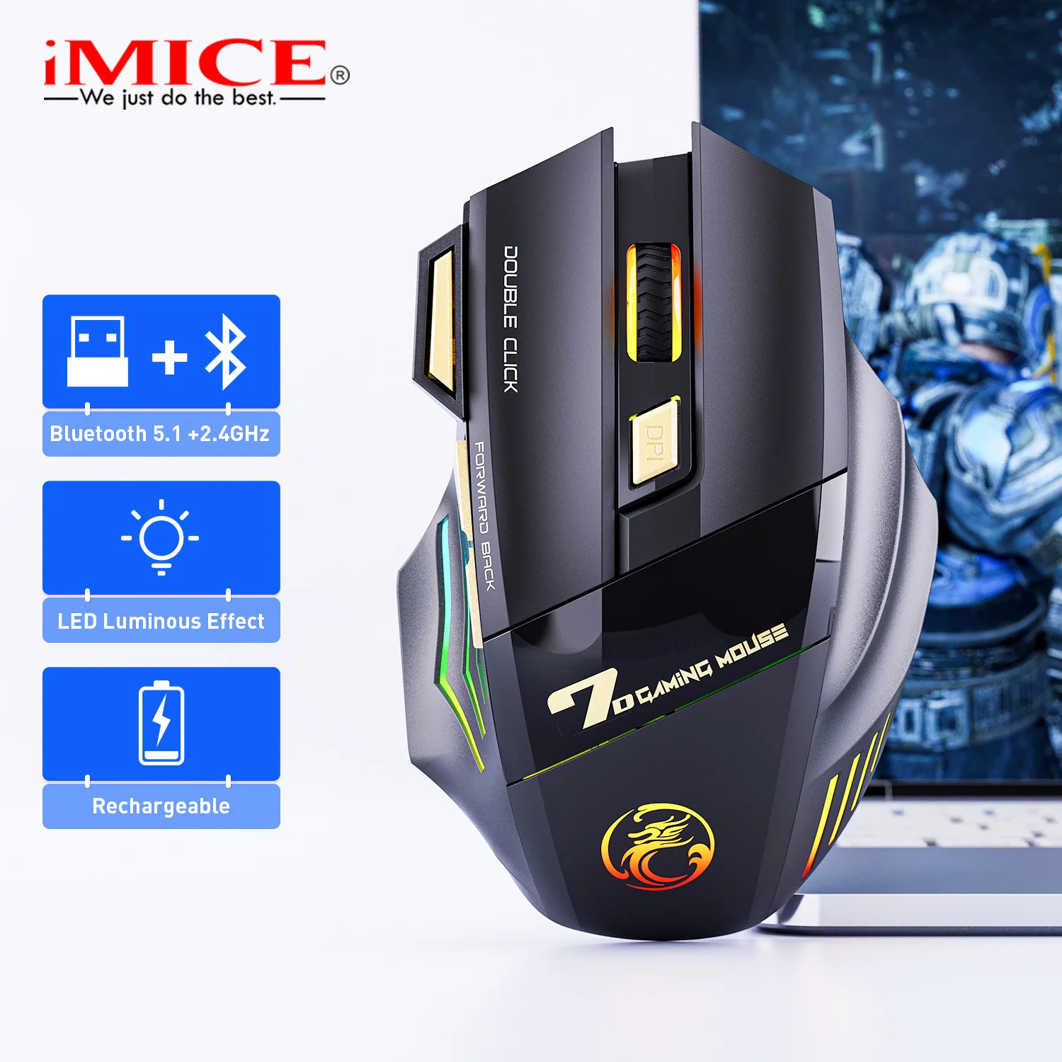 

IMice Bluetooth Wireless Mice 2.4GHz Rechargeable RGB Gaming Mouse for Gamer PC Laptop Adjustable DPI Mute Ergonomic