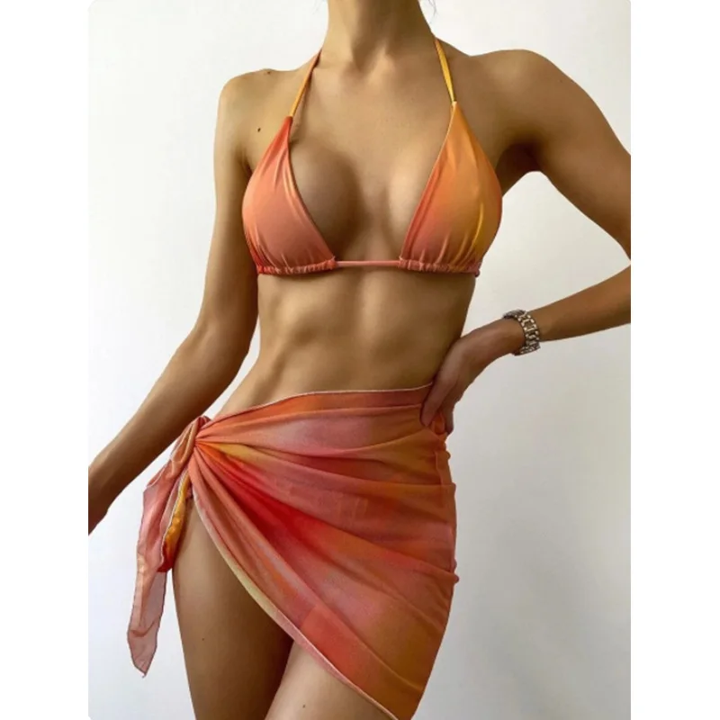 

Sexy Bikini Sets New Split Gradient Swimming Suit High Waist Bikinis Halter Bandage Bathing Suits 3 Piece Bathing Suit