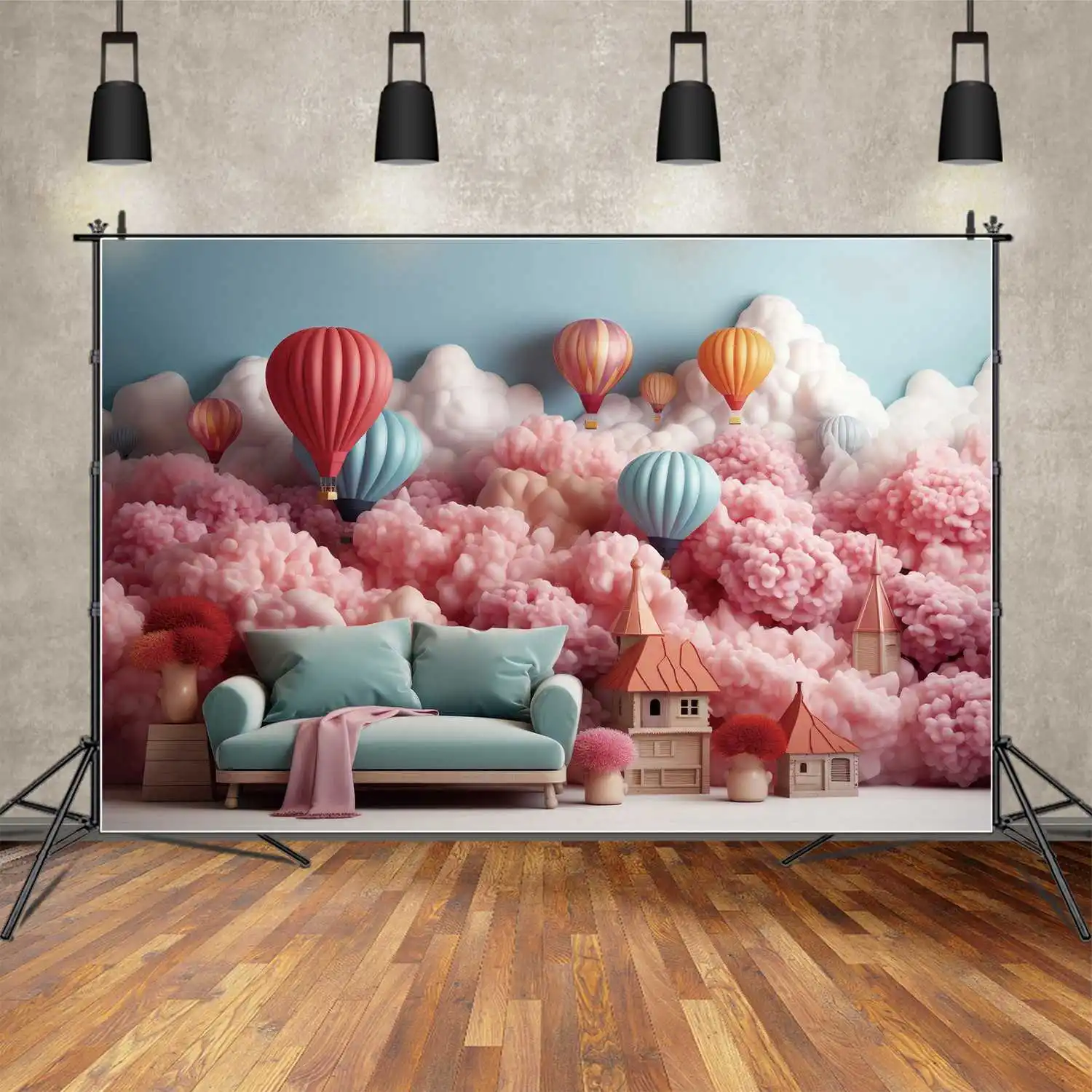

MOON.QG Backdrop Customized Birthday Pink Floral Clouds Sofa Photo Booth Background Children Hot Balloon Wall Party Decorations